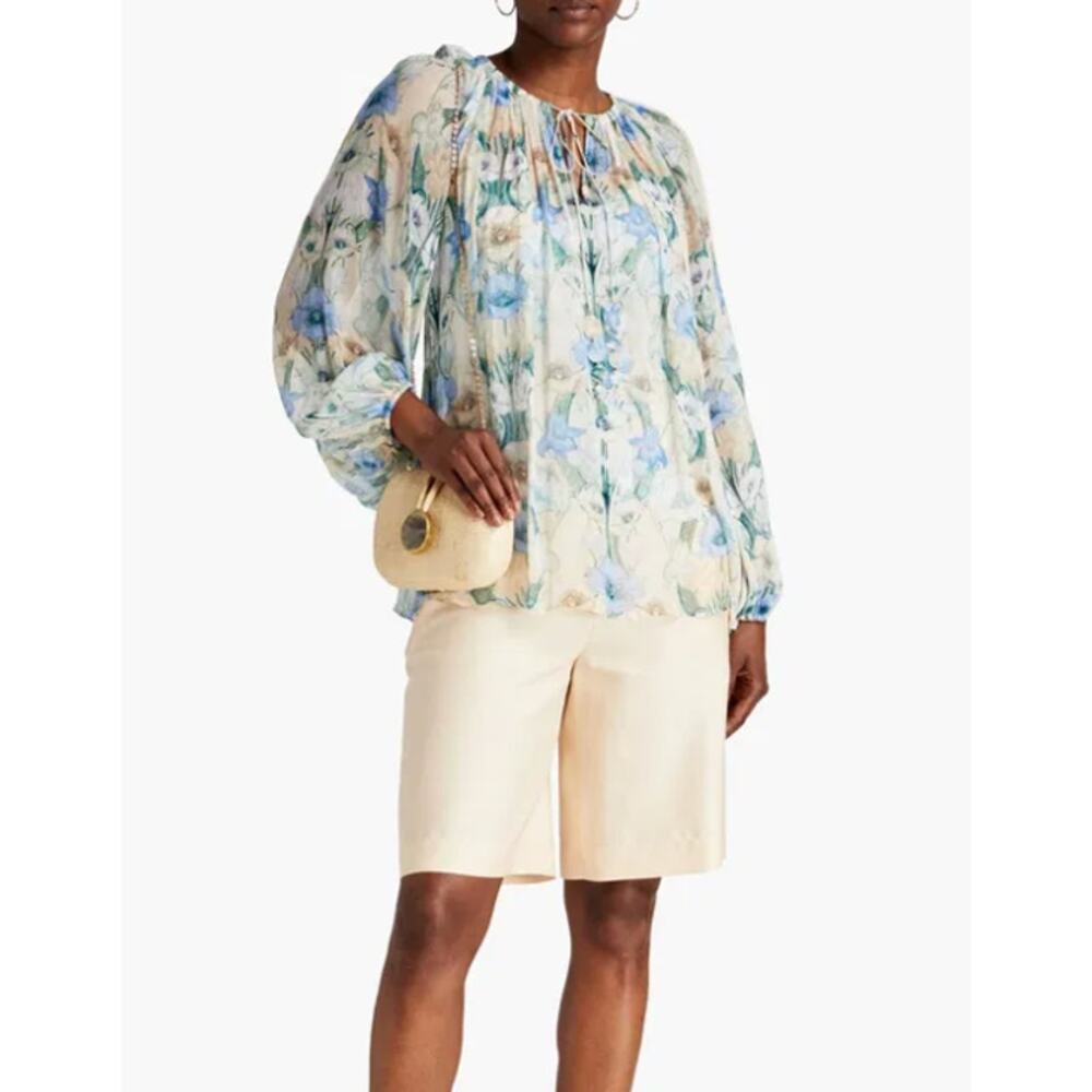 Zimmermann Rhythm Gathered Floral-Print Crepe Silk Top size US 6